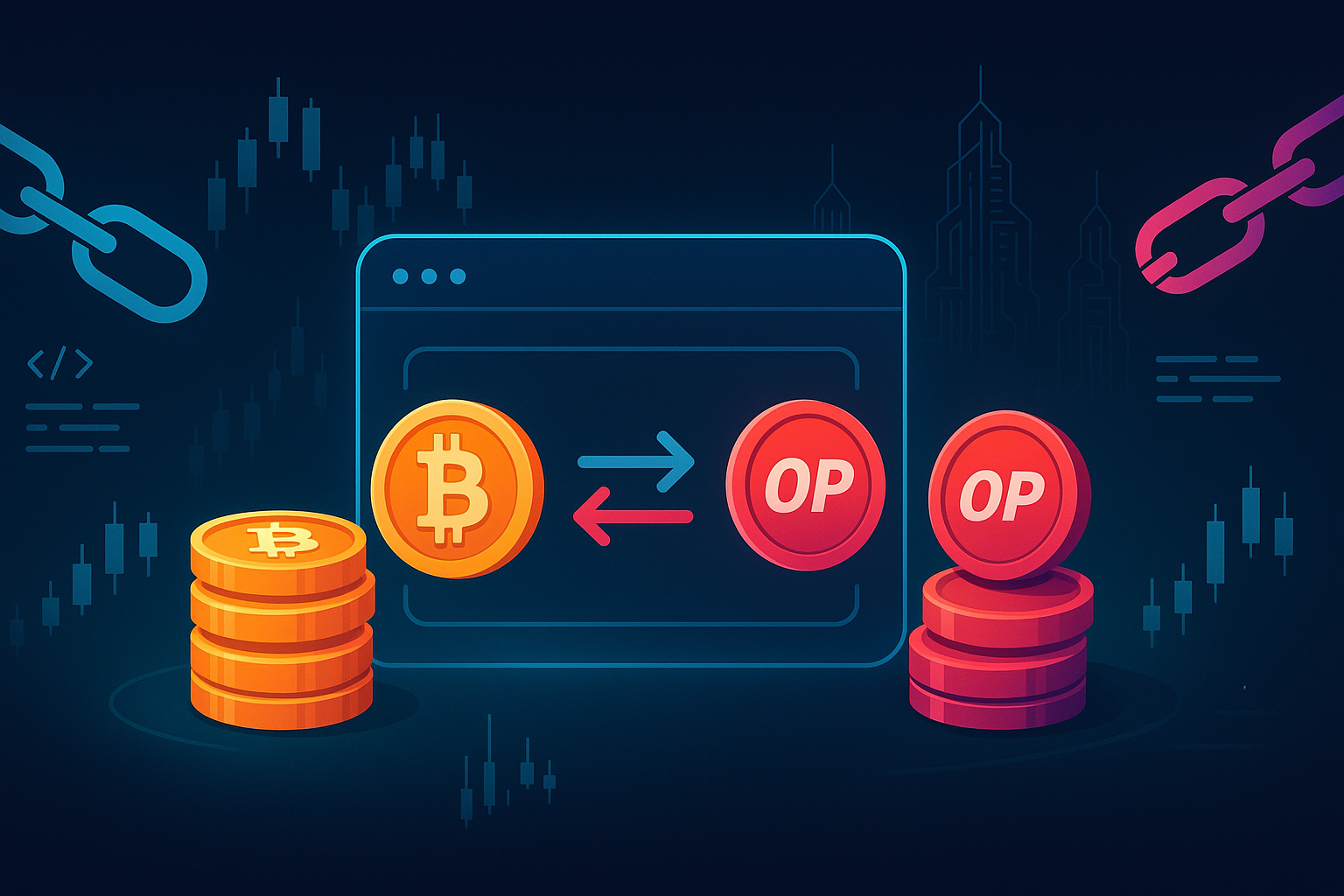 Futuristic BTC to OP swap interface with crypto charts and blockchain graphics