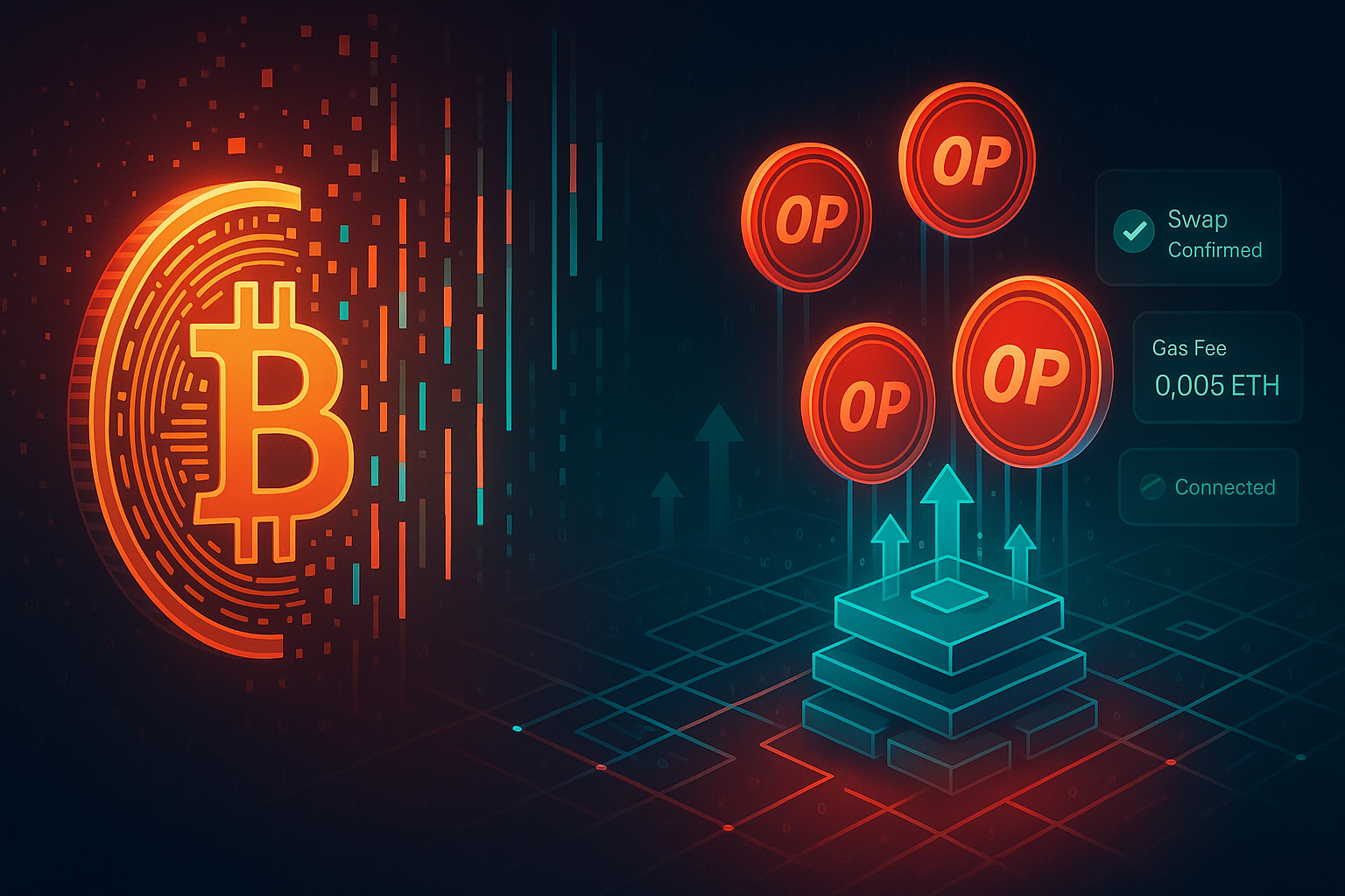 Bitcoin dissolving into data streams swapping into OP tokens on a futuristic rollup grid