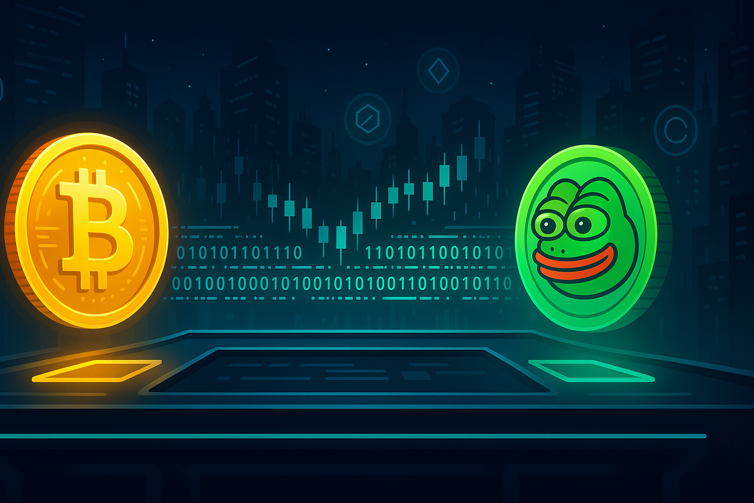 Decentralized exchange terminal swapping Bitcoin to Pepe memecoin in a neon-lit crypto cityscape