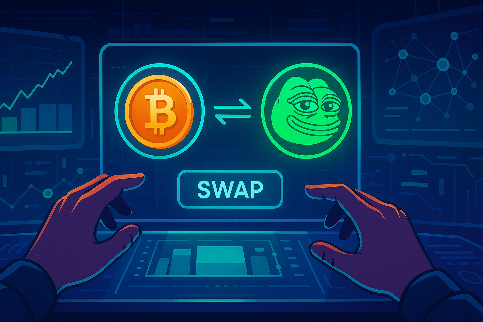Cyberpunk trader swapping Bitcoin to PEPE meme token on DeFi console