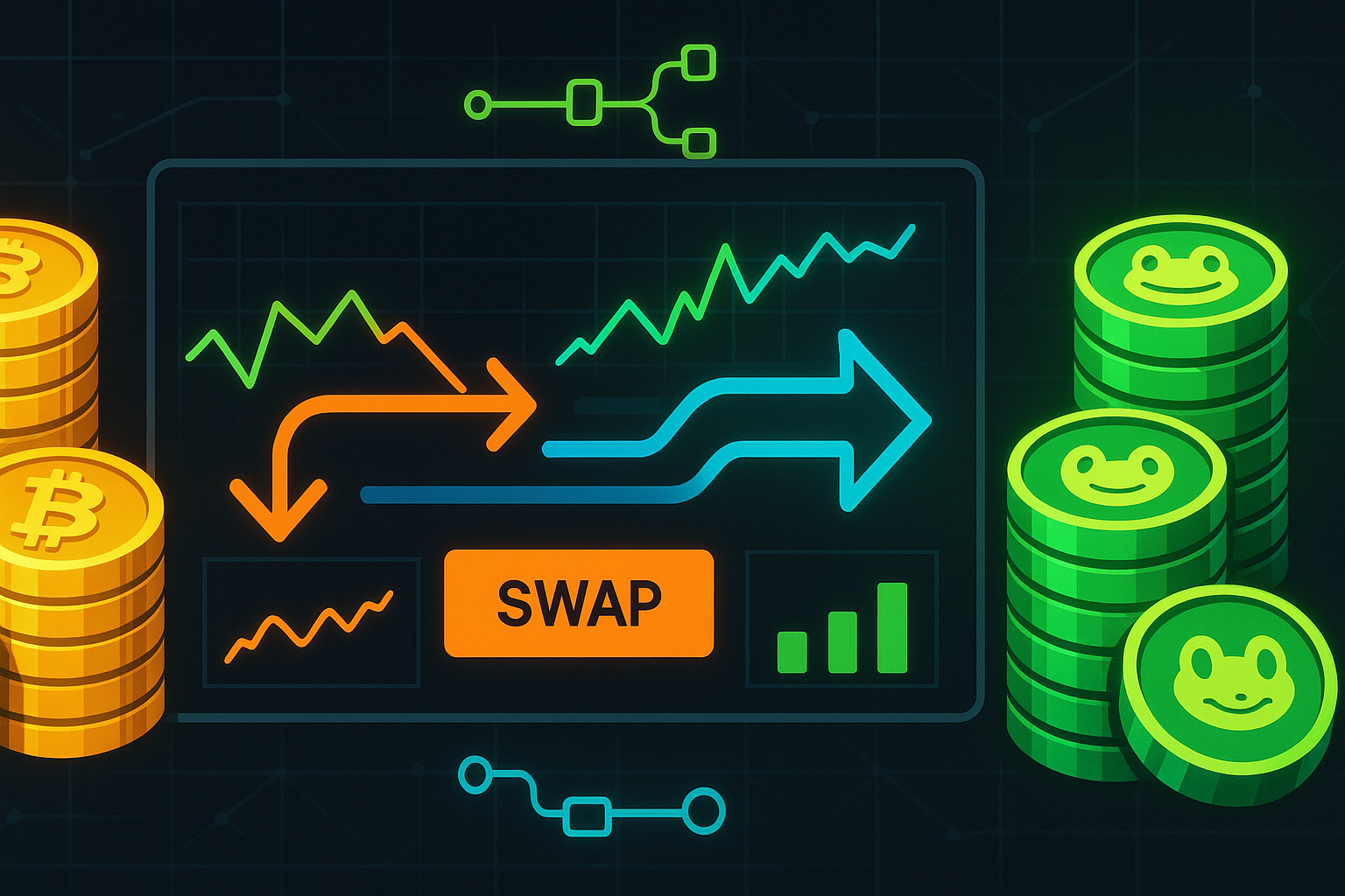 Crypto dashboard visualizing a BTC to PEPE swap route with coin stacks and charts