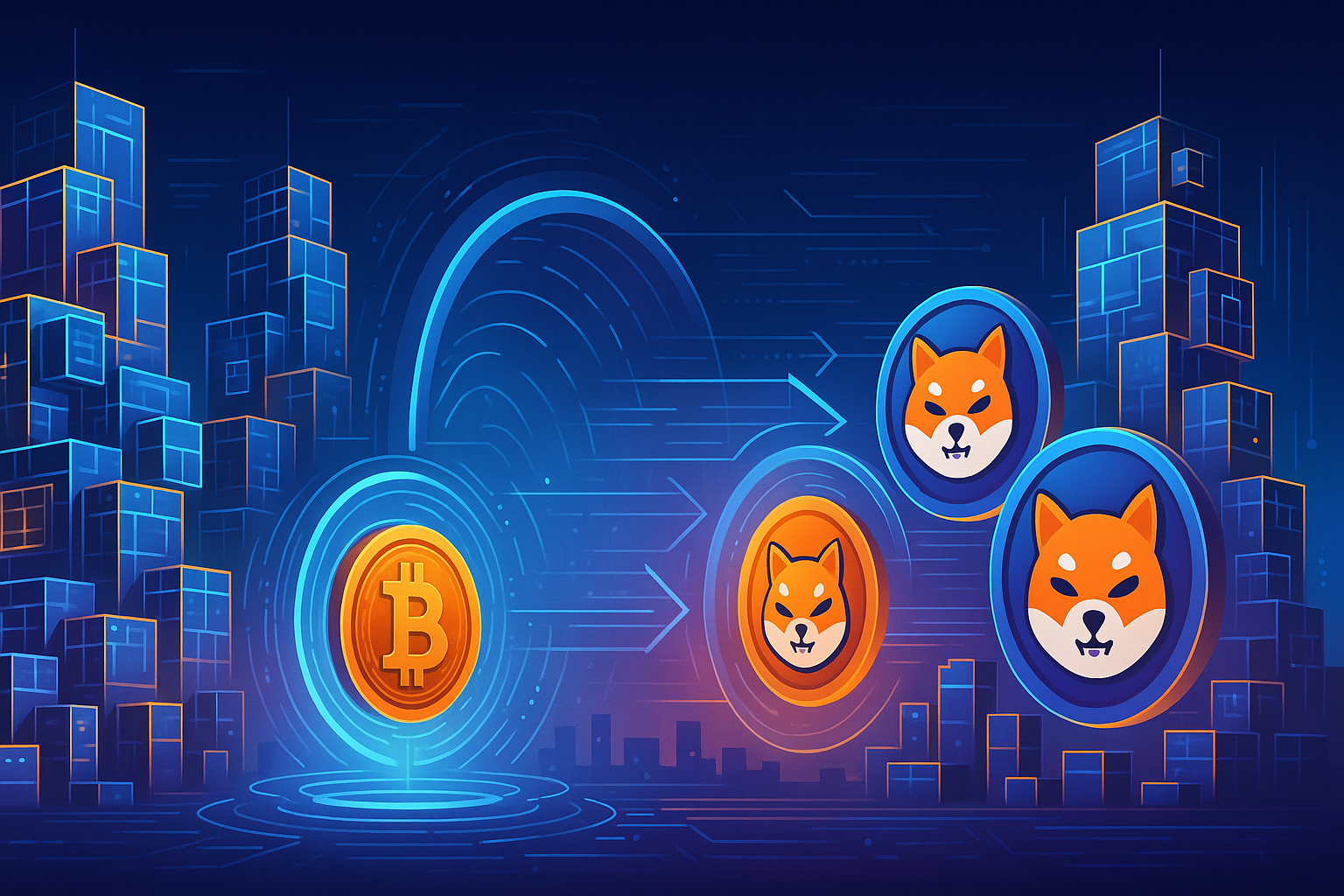 Futuristic blockchain city with Bitcoin-style coin swapping into SHIB-like dog tokens