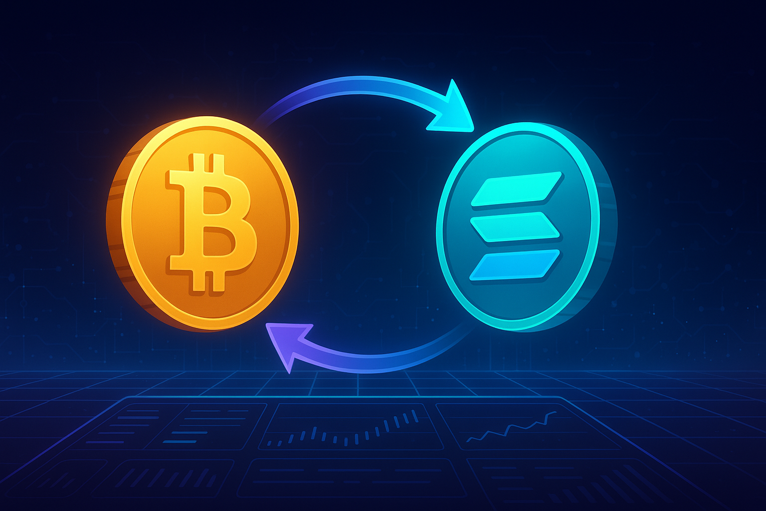 BTC to SOL swap illustration on futuristic decentralized exchange interface