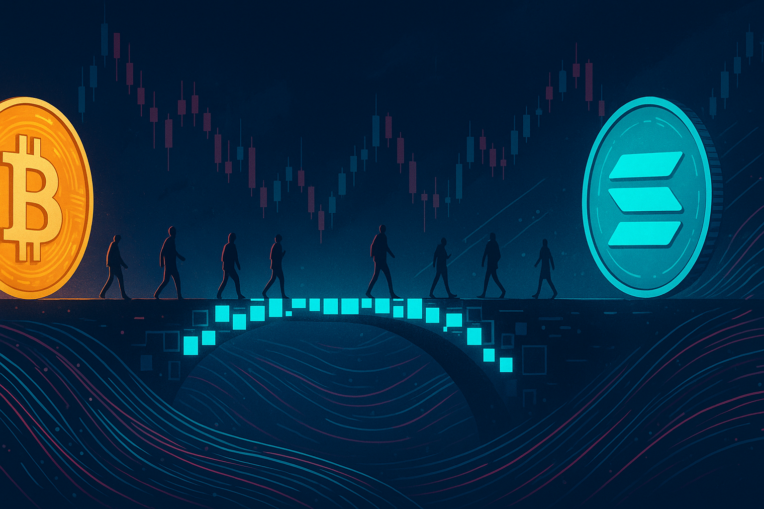 Digital bridge of data connecting Bitcoin and Solana coins for BTC to SOL swap