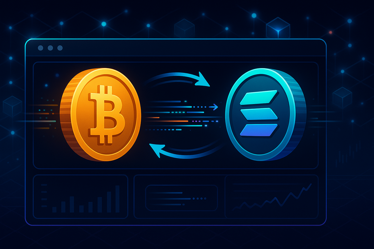 Dashboard showing fast BTC to SOL on-chain swap with animated crypto coins