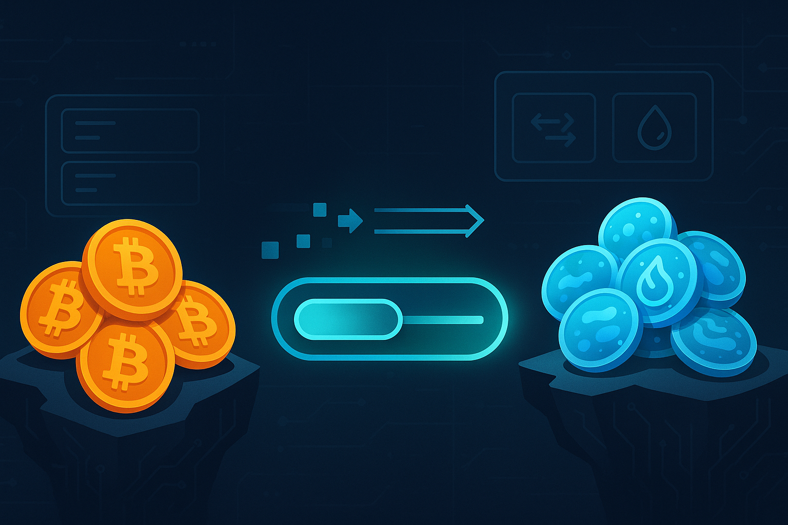 Digital bridge swapping BTC-style coins to blue SUI tokens on a futuristic crypto interface