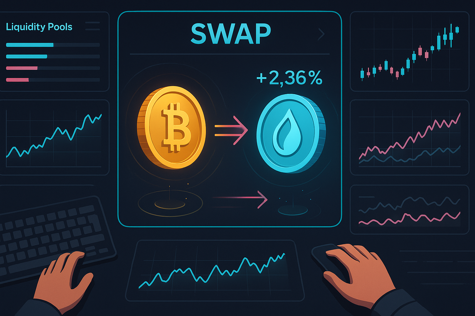 Futuristic trading desk interface swapping BTC coin to SUI token