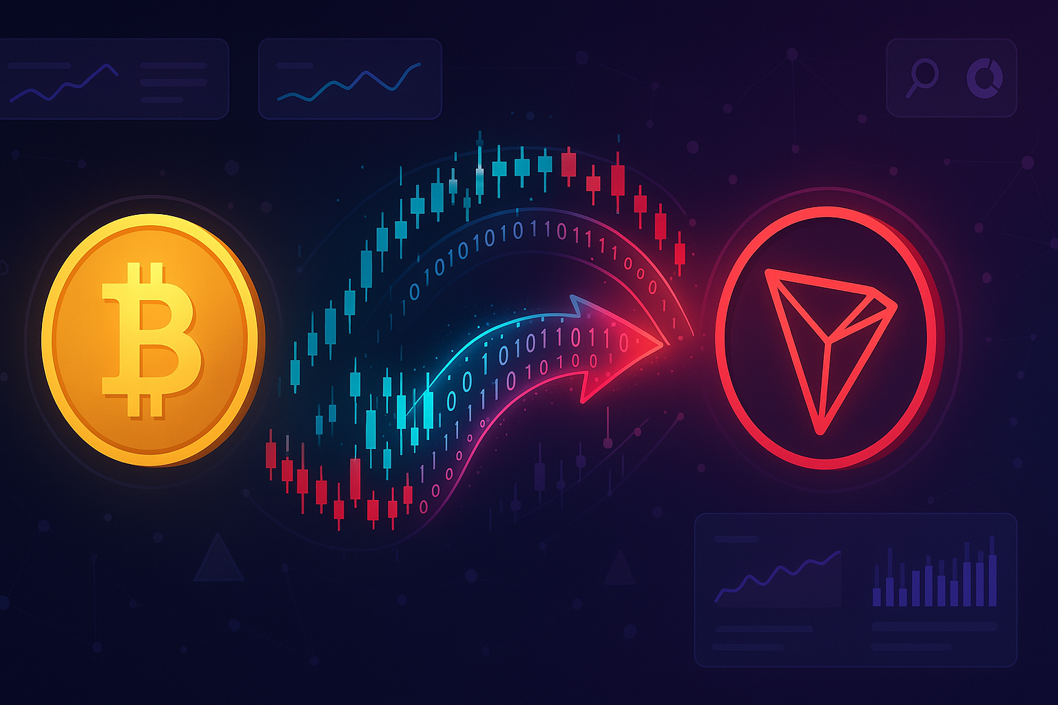 BTC to TRX swap dashboard with animated crypto coins and charts