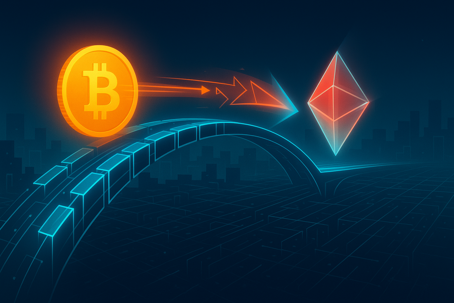 Futuristic digital bridge showing BTC coin swapping into TRX over a neon blockchain city