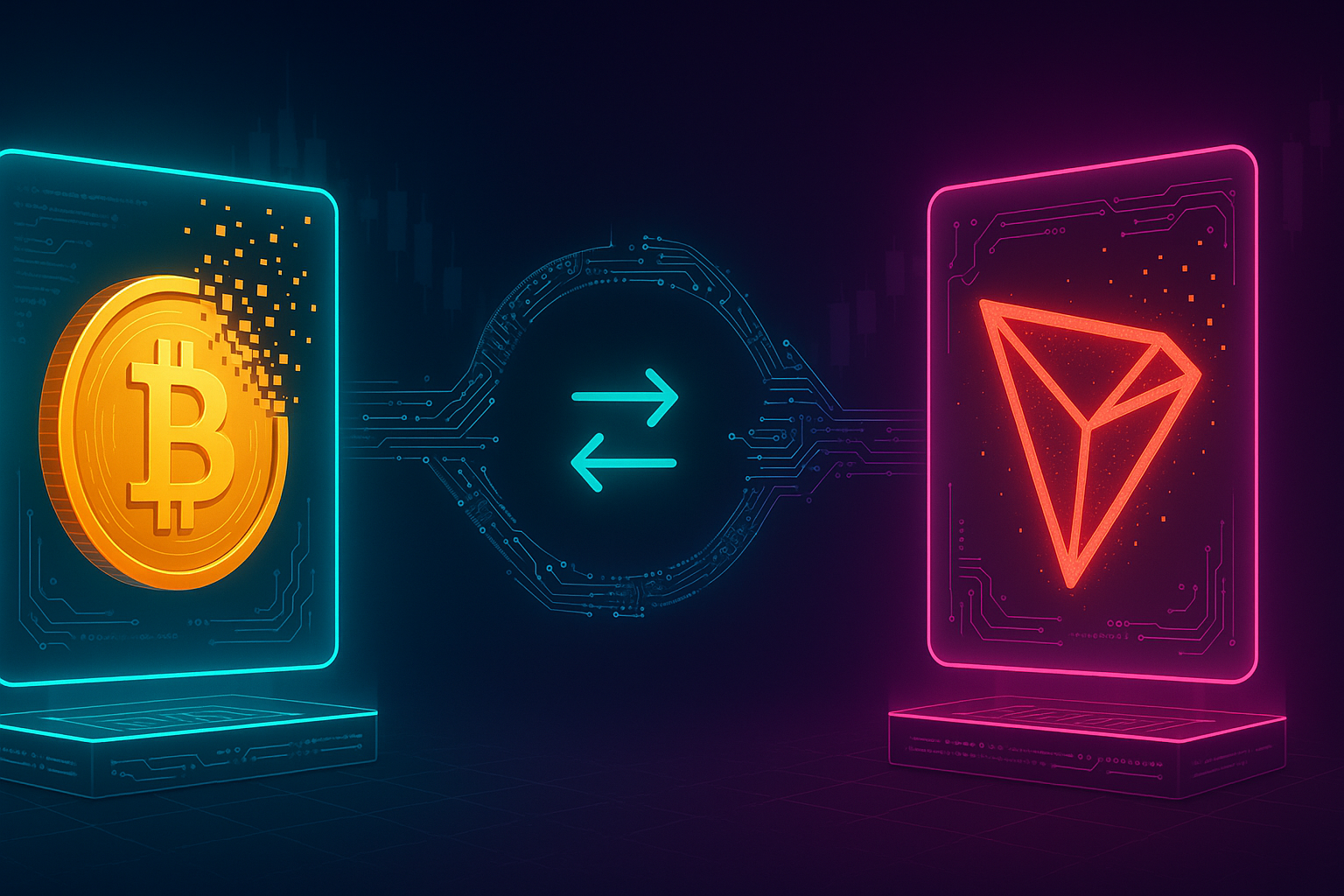Abstract BTC to TRX swap banner with holographic crypto coins and code