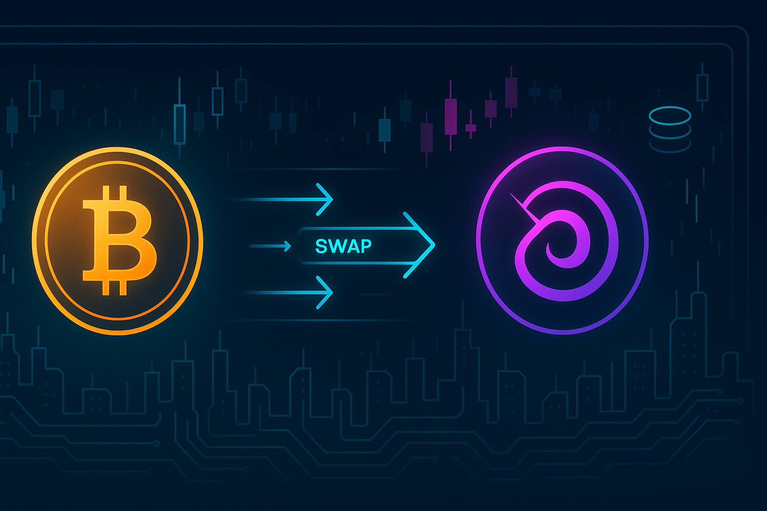 Futuristic BTC to UNI swap interface with neon crypto exchange graphics