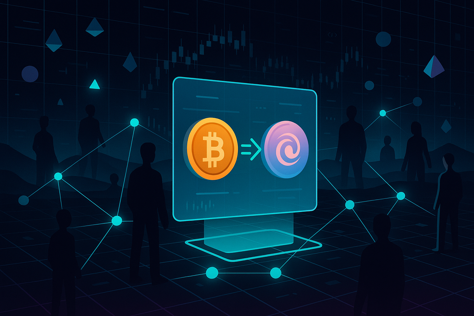 Futuristic DeFi interface showing BTC to UNI token swap on a decentralized exchange