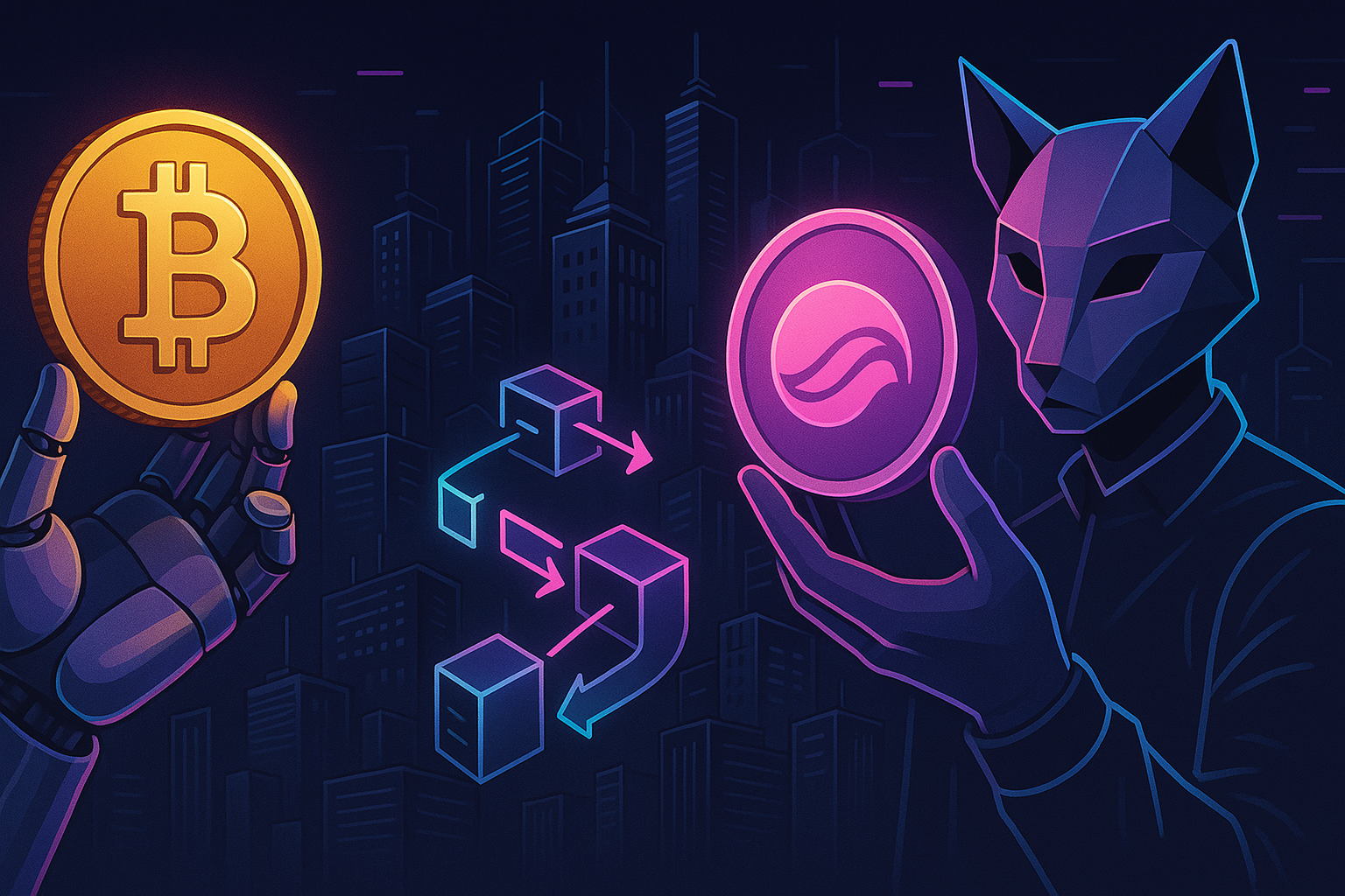 Robotic and avatar hands swapping BTC-like and UNI-like tokens in a futuristic DeFi scene