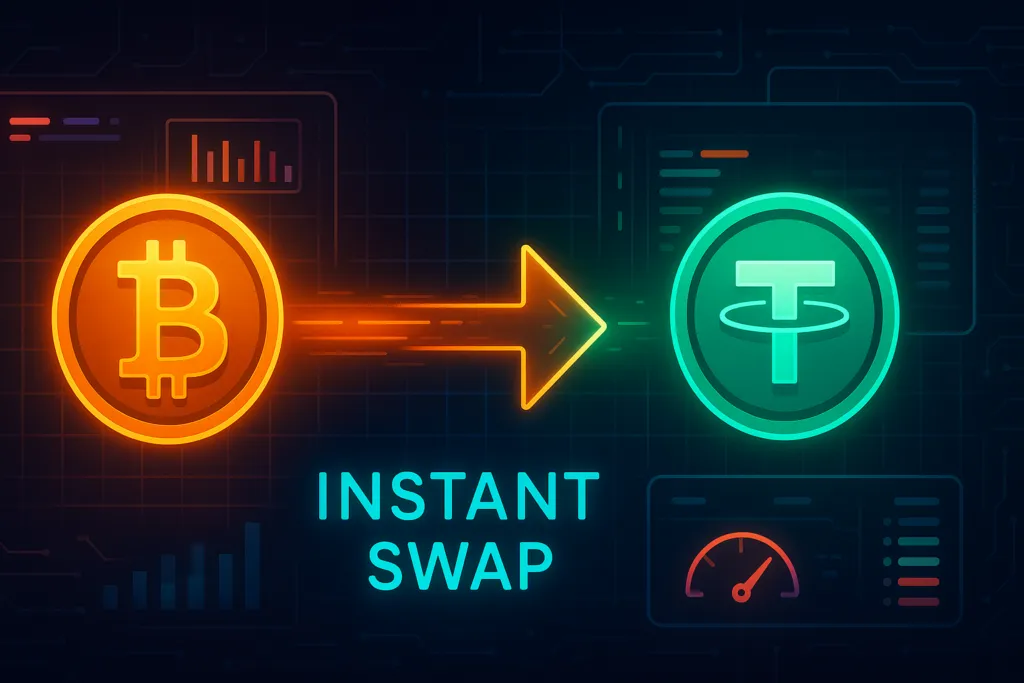 Futuristisches Dashboard, das den sofortigen Kryptotausch von BTC in USDT anzeigt.