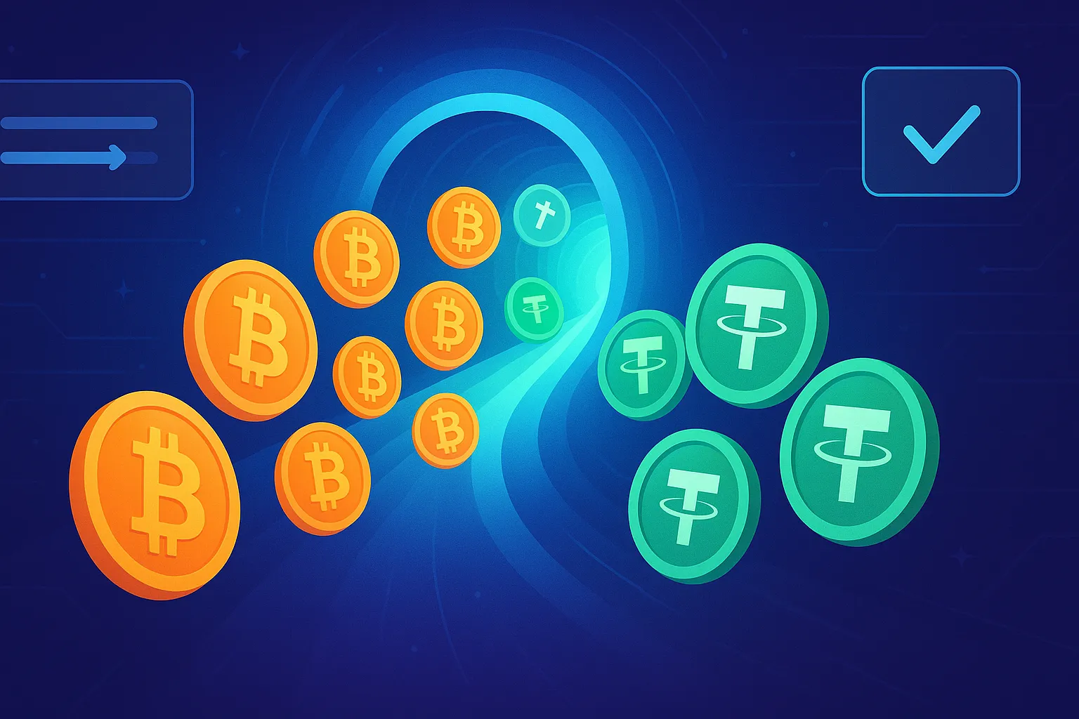Sofortiger BTC-zu-USDT-Kryptotausch-Banner mit futuristischer Börsen-Benutzeroberfläche