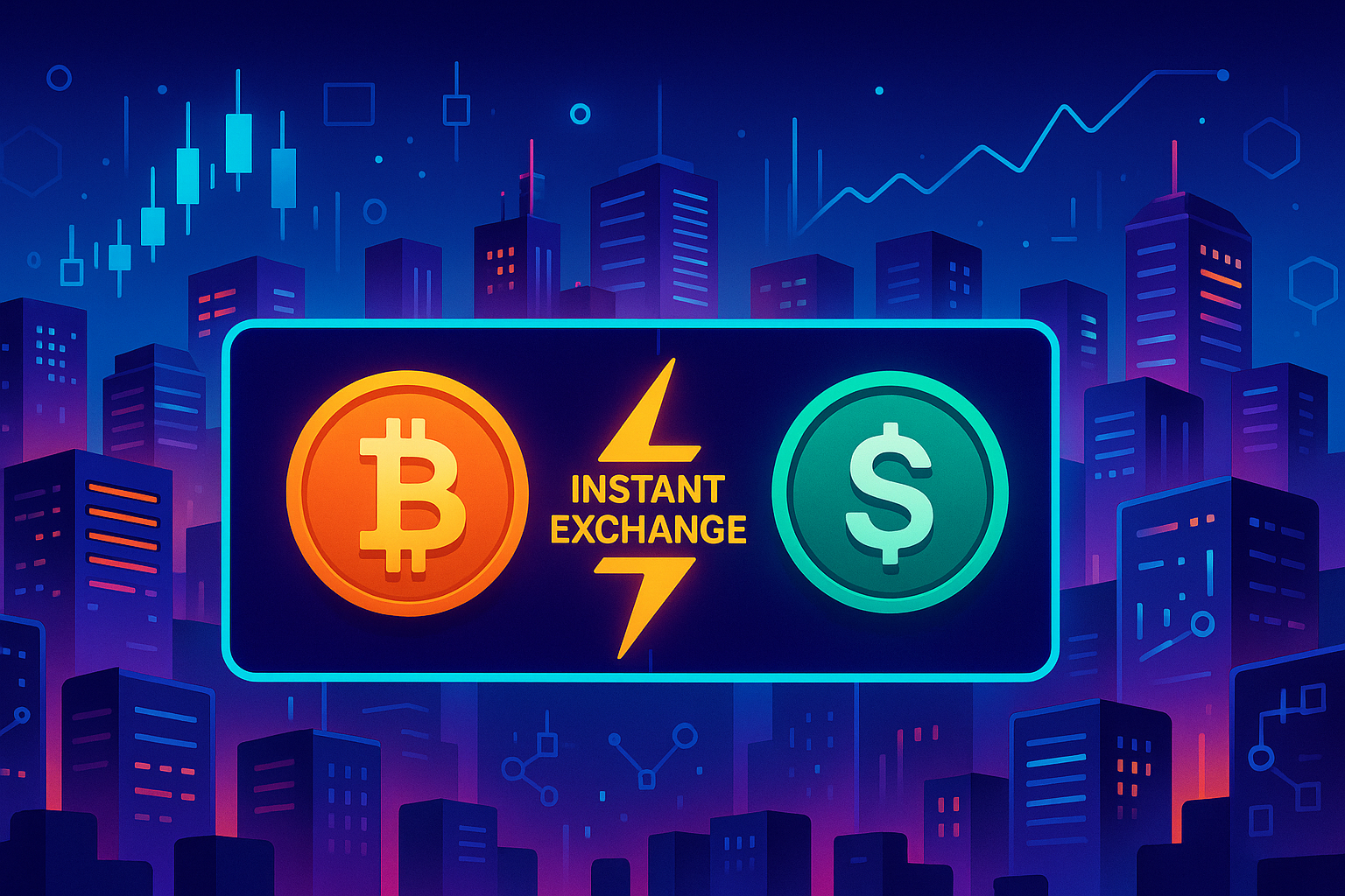Futuristic crypto interface showing instant BTC to USDT exchange with charts and blockchain nodes