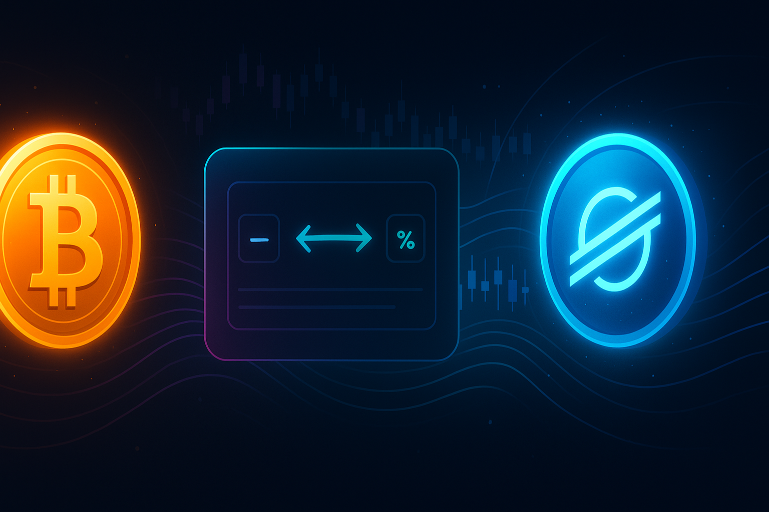 Futuristic crypto interface showing BTC to XLM swap with glowing coins and charts