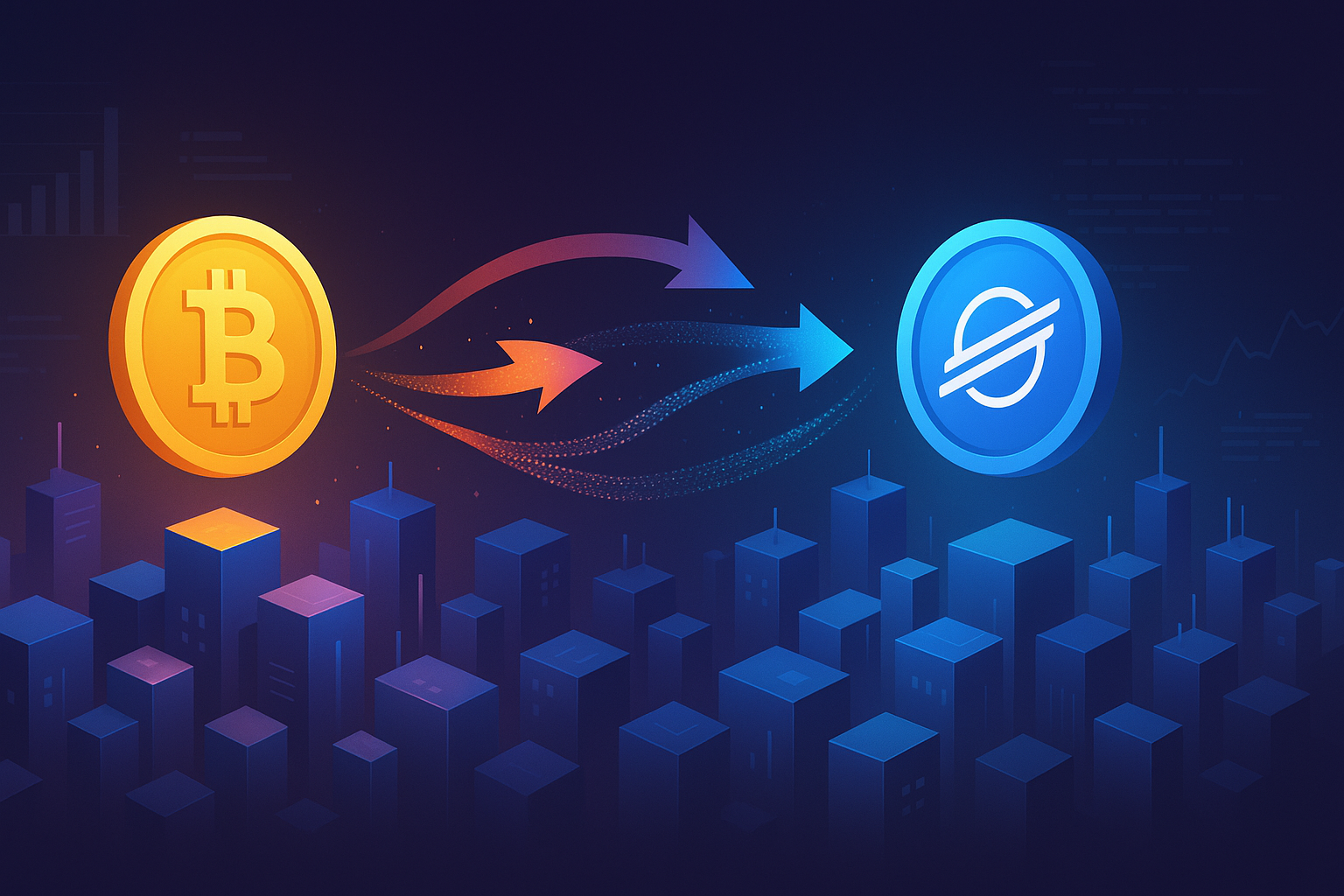 Futuristic crypto banner showing instant BTC to XLM cross-chain swap with dynamic arrows and data city backdrop