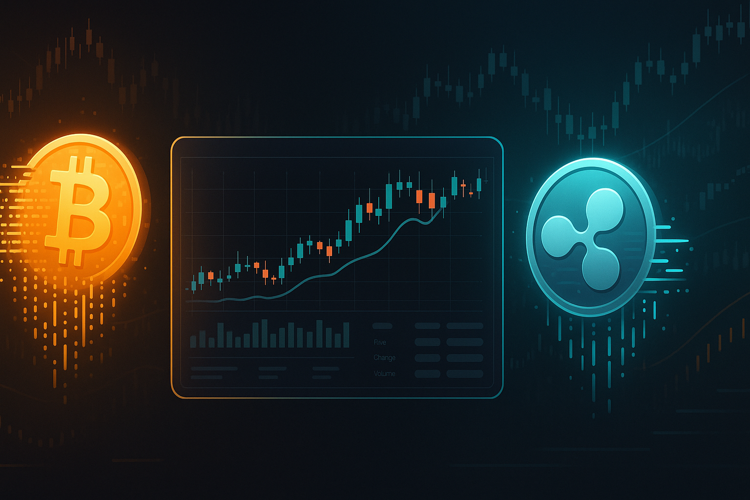BTC to XRP swap concept with digital coins and trading charts