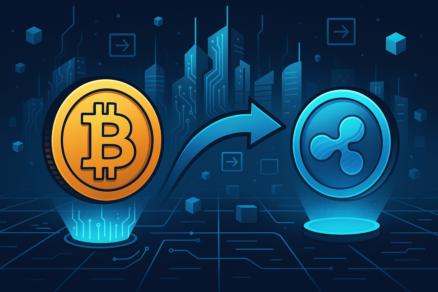 Futuristic crypto city illustration showing BTC to XRP swap with dynamic arrow and digital transaction icons