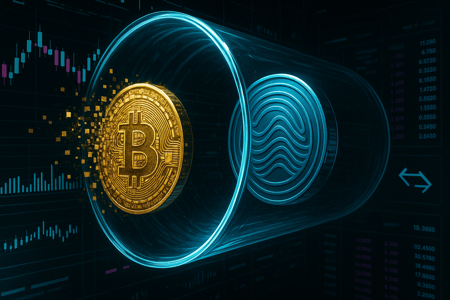 Digital art of BTC coin fragments swapping into XRP in a neon crypto dashboard