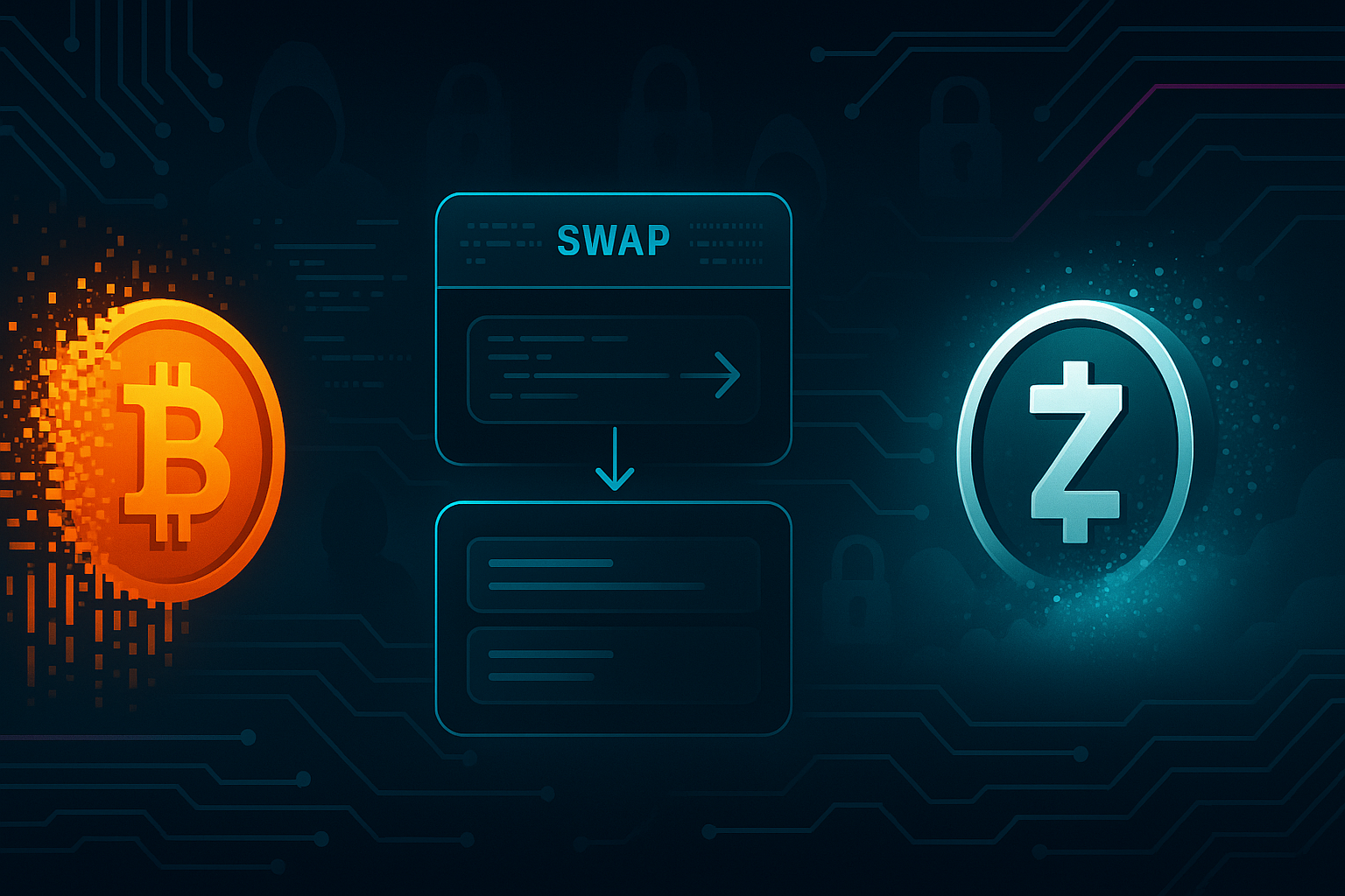 Futuristic BTC to ZEC anonymous swap interface with crypto coins and encrypted data