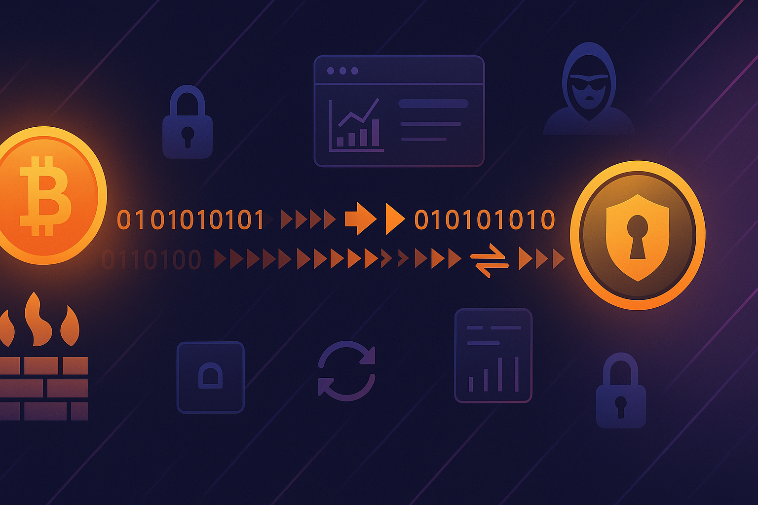 Modern crypto illustration of anonymous BTC to ZEC swap with privacy icons