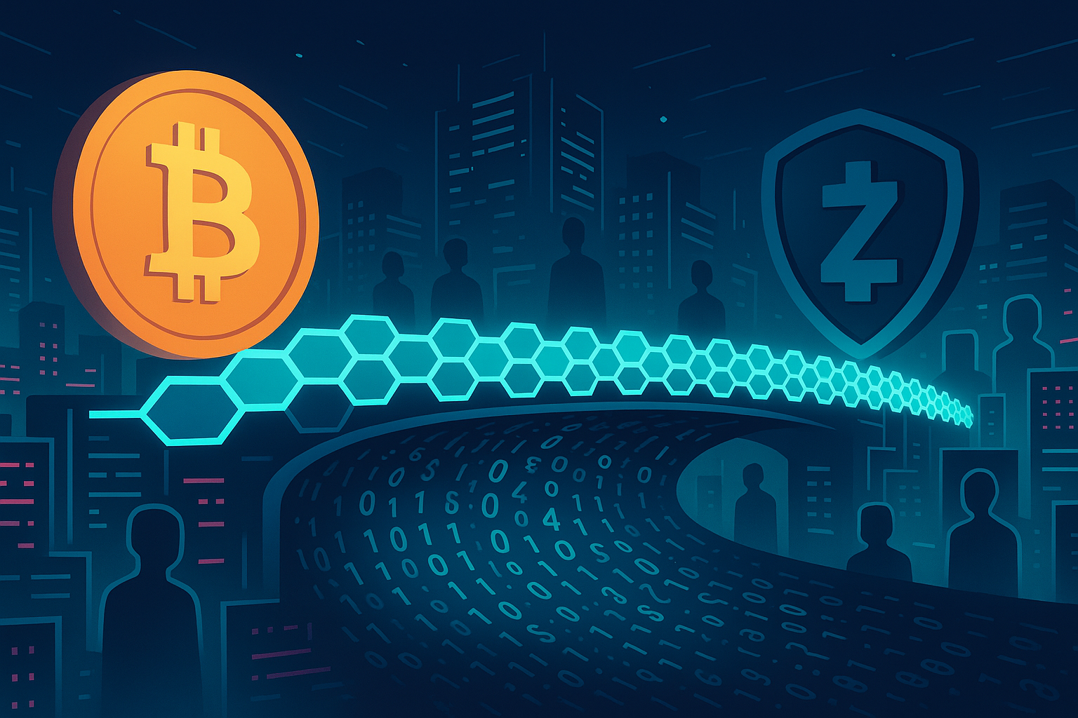 Futuristic cyberpunk bridge showing anonymous BTC to ZEC crypto swap