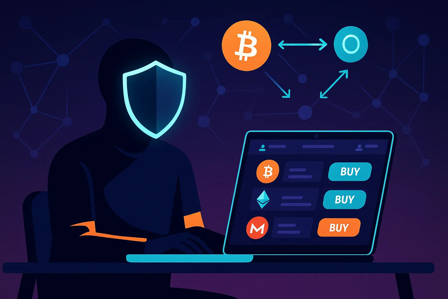 Illustrazione di trading peer-to-peer anonimo per acquistare Bitcoin senza KYC su un laptop