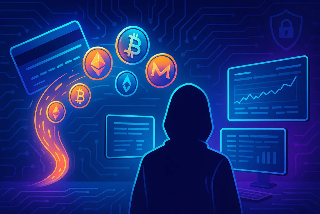 Usuario anónimo que compra criptomonedas con tarjeta de crédito en una interfaz de intercambio privada sin KYC