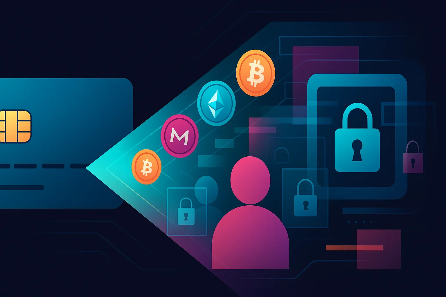 Ilustración de la compra de criptomonedas con tarjeta de crédito en una bóveda privada sin KYC