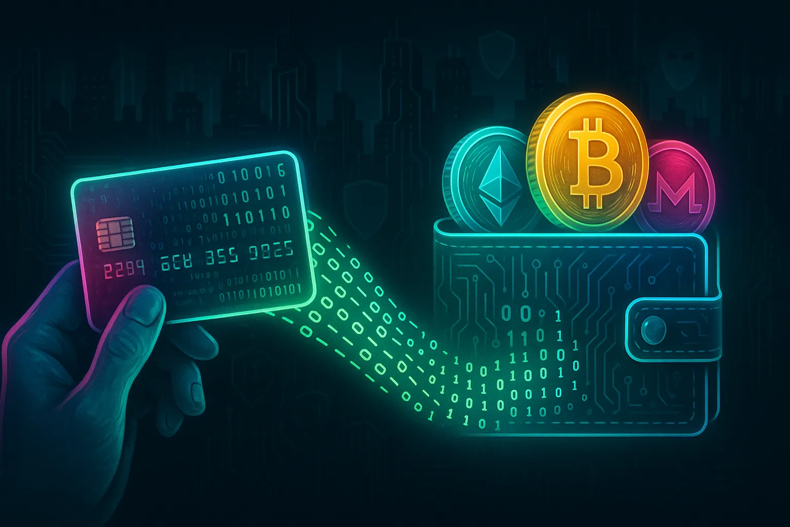 Arte criptográfico de neón para financiación con tarjeta de crédito, billetera anónima sin KYC