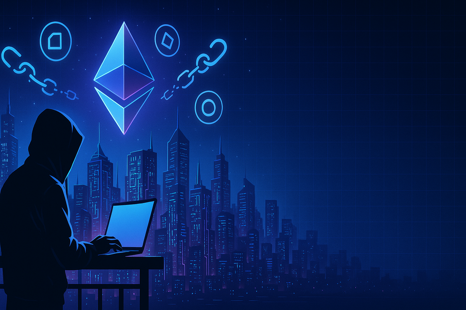 Hooded crypto trader with laptop viewing neon Ethereum city skyline at night
