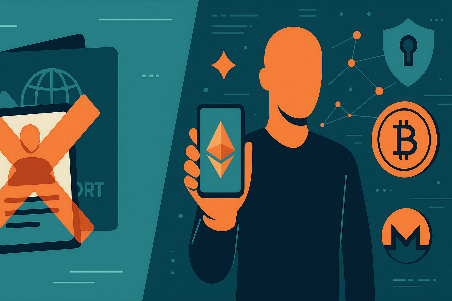 Crypto user buying Ethereum without KYC, rejecting ID and passport, surrounded by privacy-focused coins and nodes