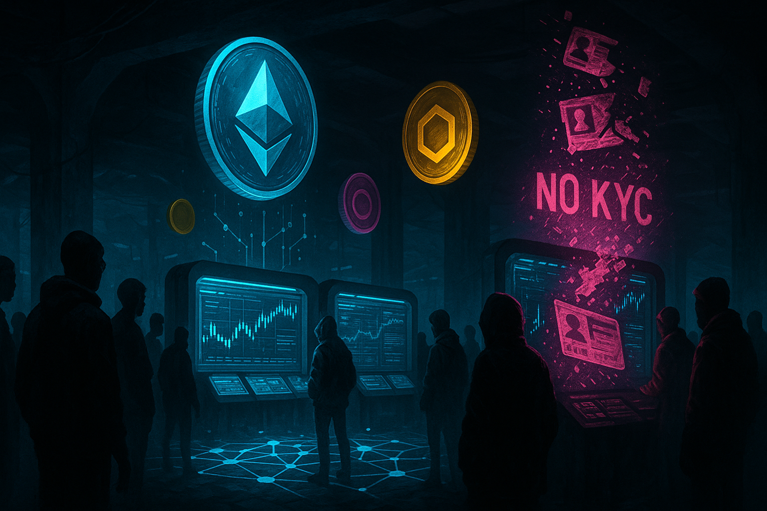 Futuristic underground crypto market showing Ethereum tokens and No KYC concept