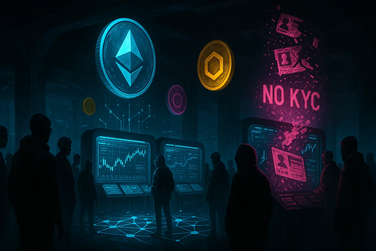 Футуристический подпольный крипторынок, демонстрирующий токены Ethereum и концепцию отсутствия KYC (верификации личности).