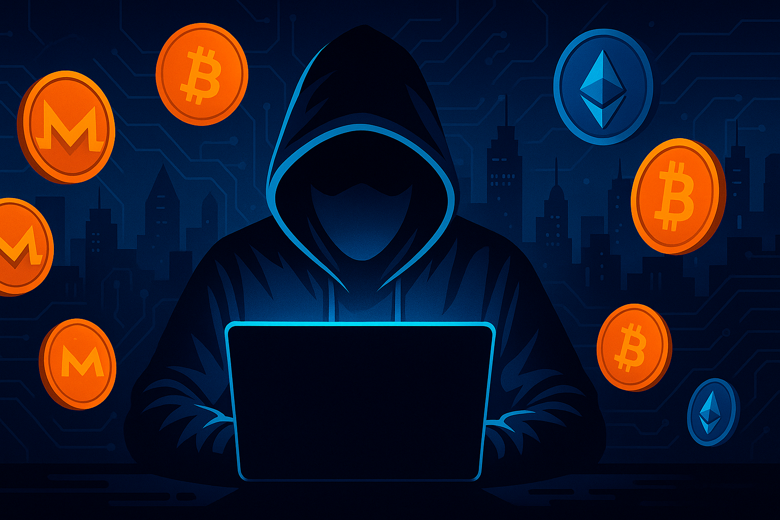 Anonymous crypto trader at night surrounded by Monero coins on a glowing laptop