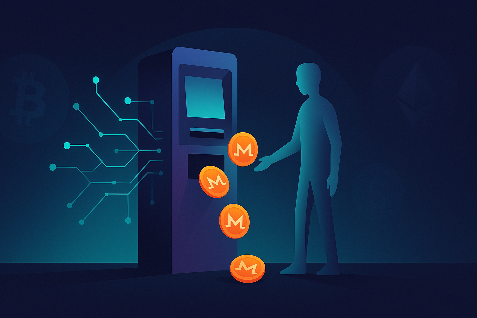 Futuristic crypto marketplace ATM dispensing Monero coins anonymously