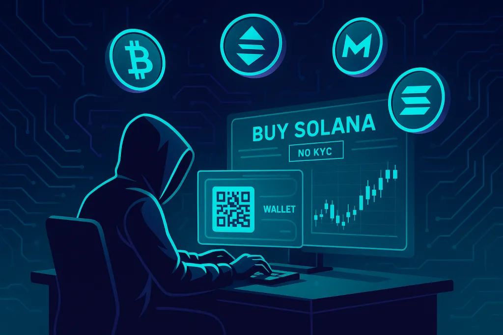 Anonymous crypto trader buying Solana-like coins on no-KYC exchange dashboard
