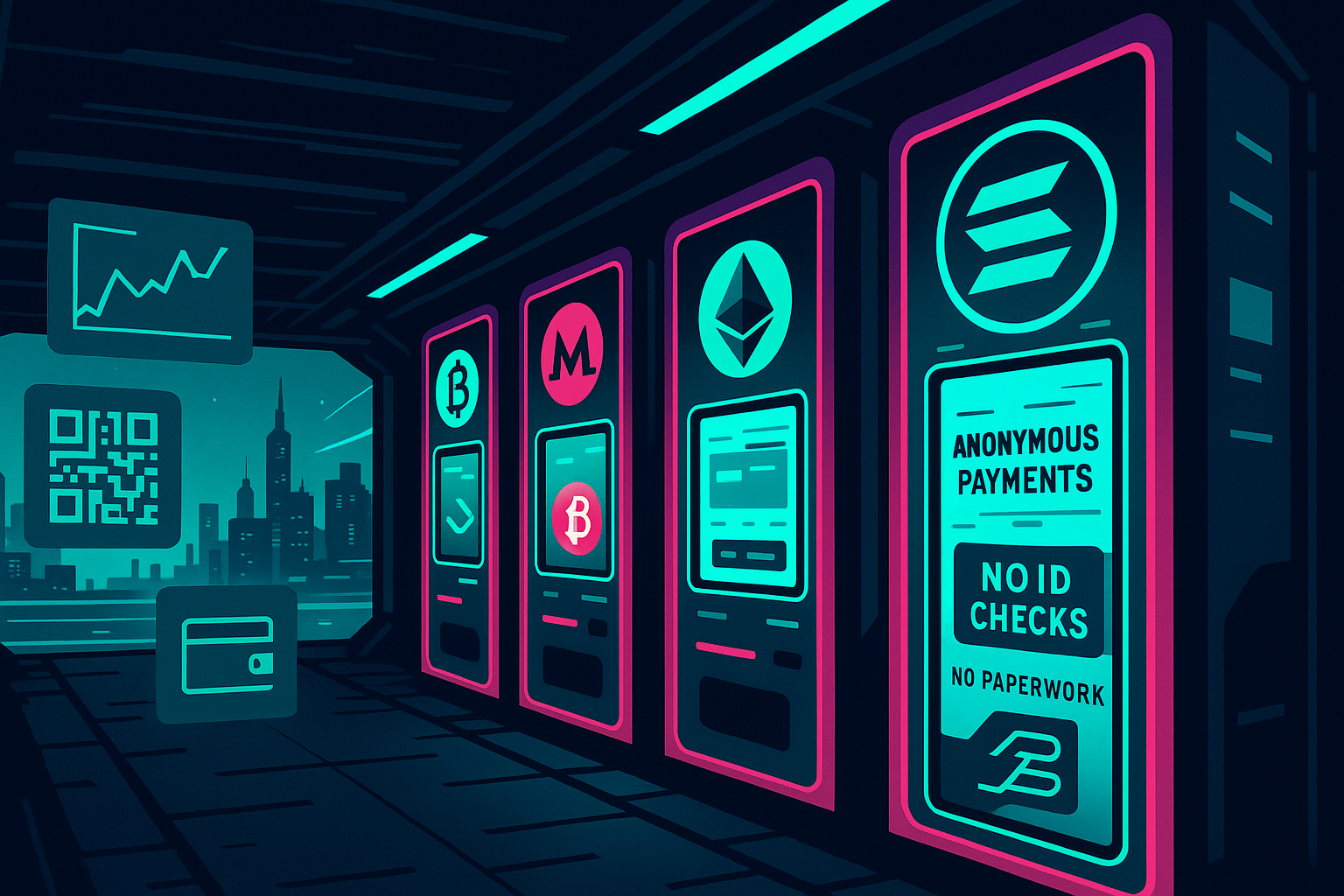 Cyberpunk crypto tunnel with anonymous Solana and altcoin vending machines