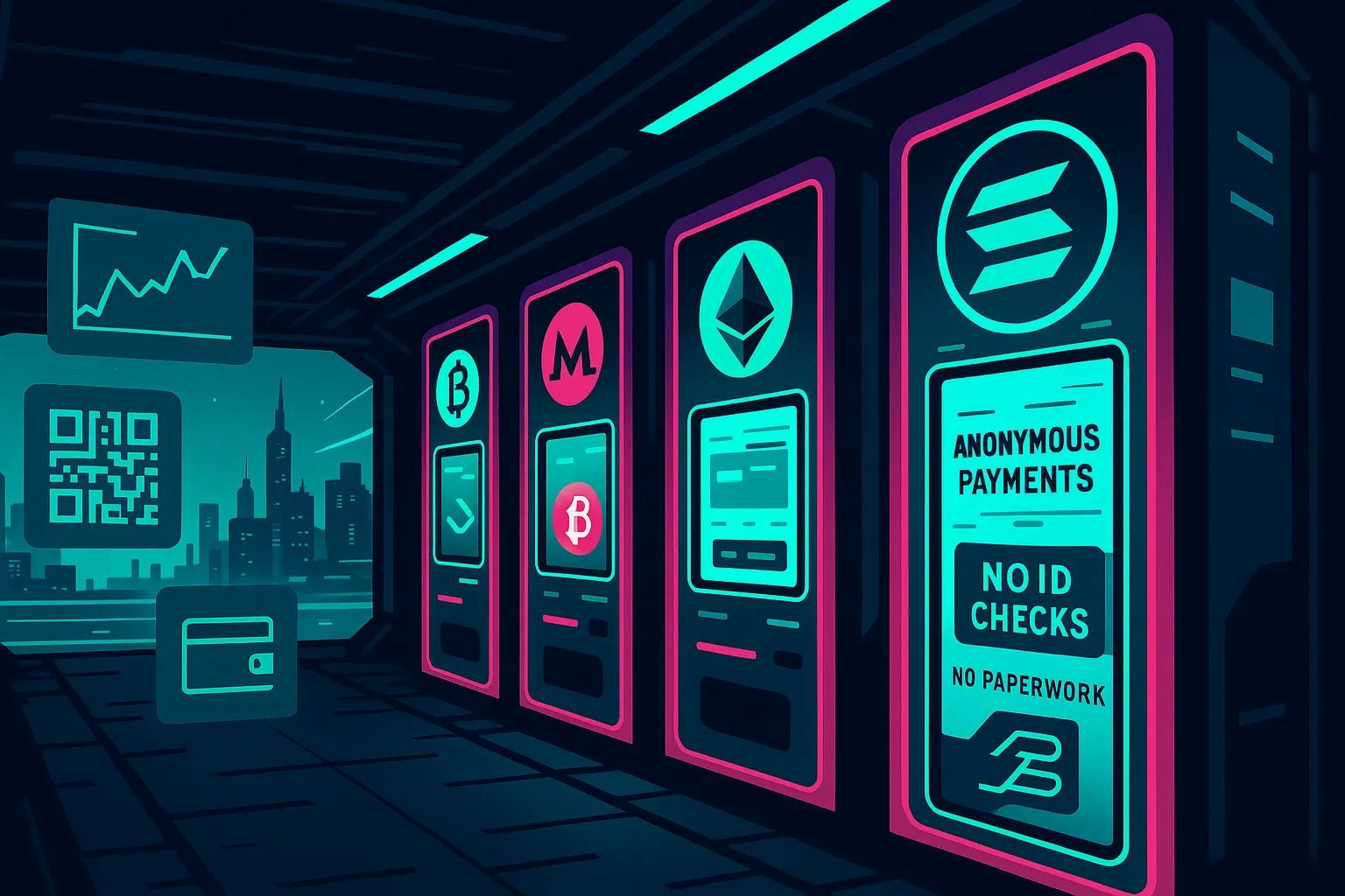 Cyberpunk crypto tunnel with anonymous Solana and altcoin vending machines