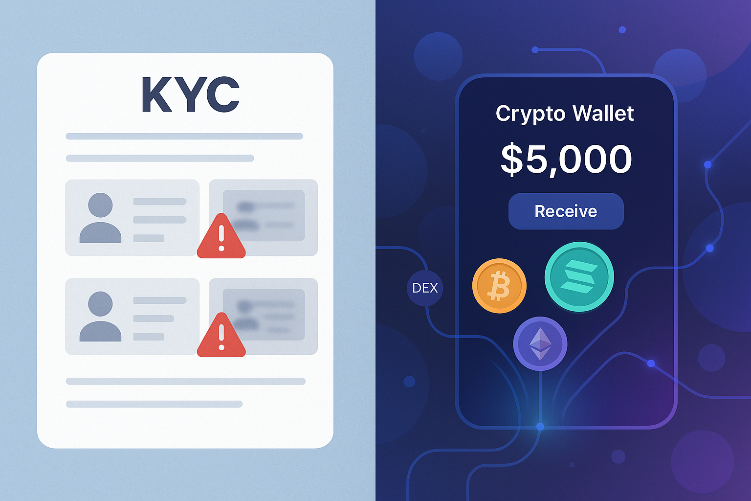 Split-screen banner contrasting KYC-heavy forms with anonymous Solana crypto wallet