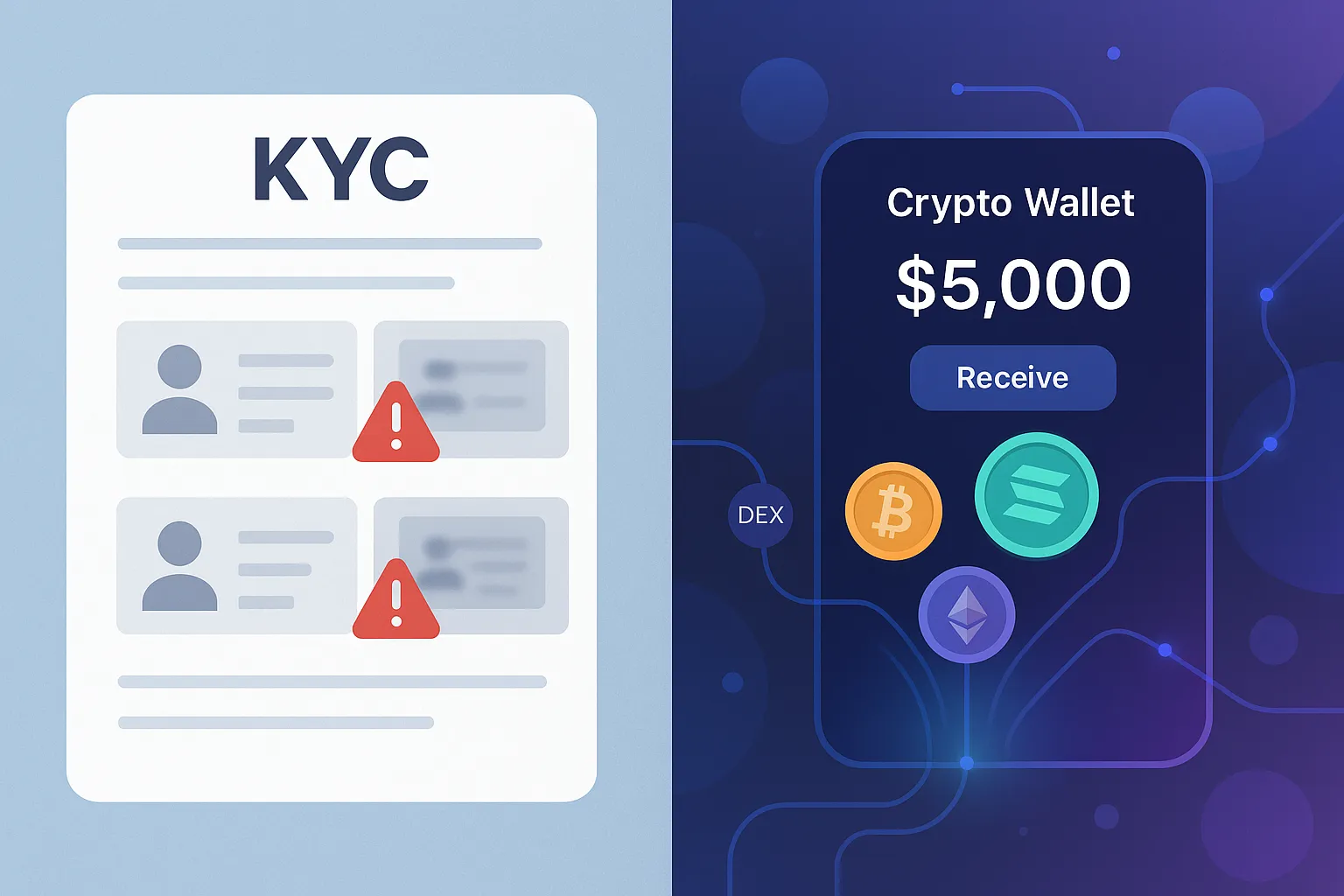 Split-screen banner contrasting KYC-heavy forms with anonymous Solana crypto wallet