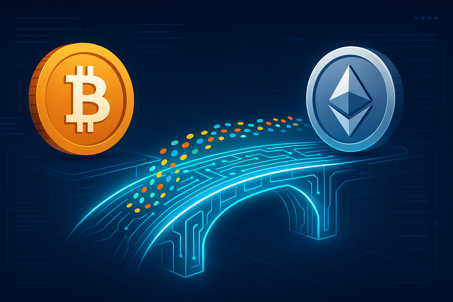 Futuristic neon bridge transferring tokens between Bitcoin and Ethereum coins, symbolizing a cross-chain swap