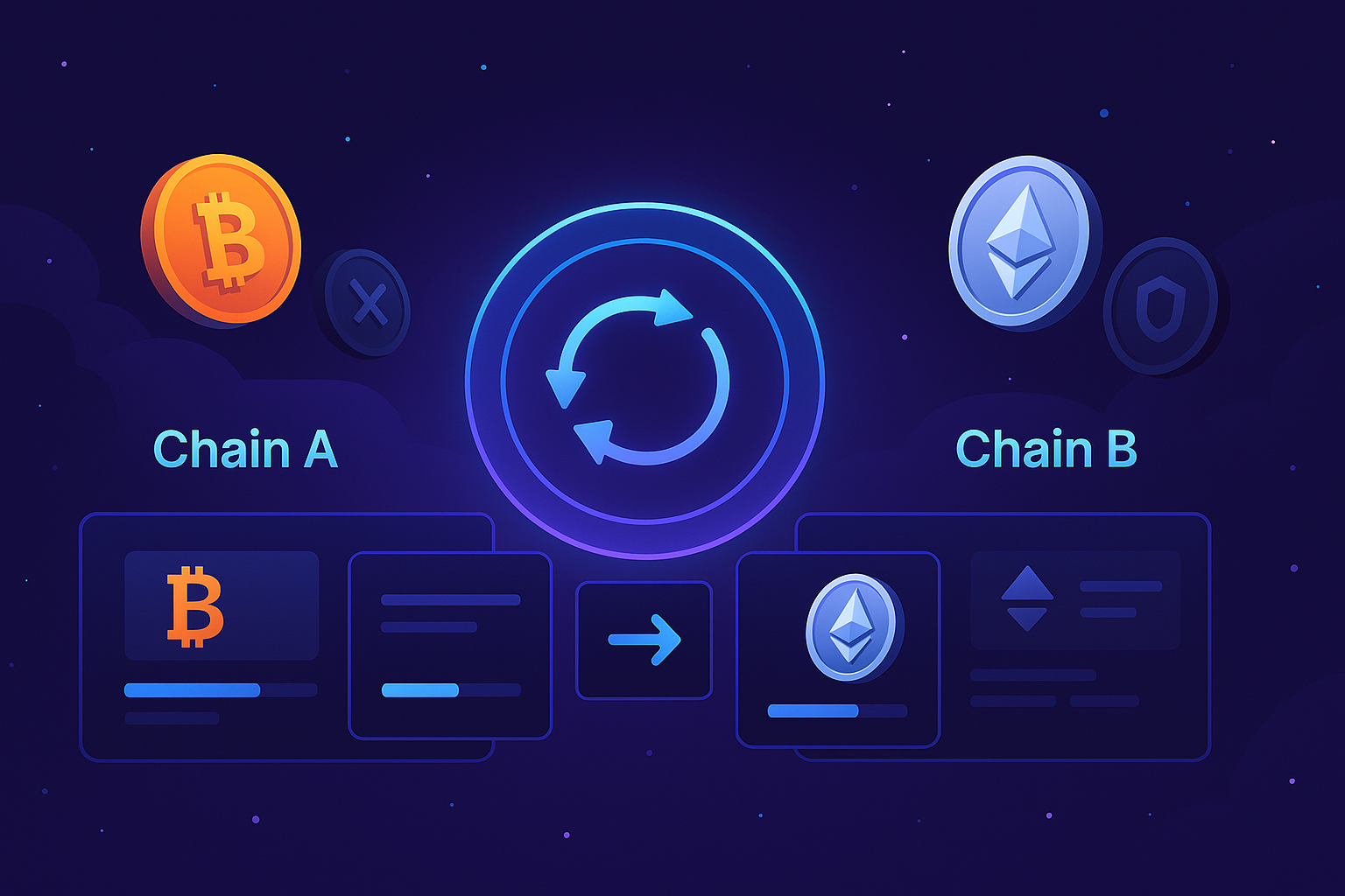 Futuristic cross-chain swap interface linking Chain A and Chain B coins
