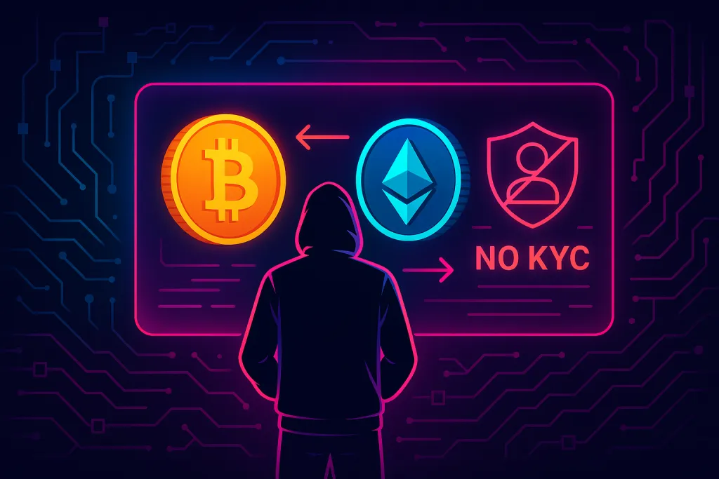 Футуристический криптотрейдер, использующий интерфейс обмена без KYC с криптовалютами, похожими на Bitcoin и Ethereum.