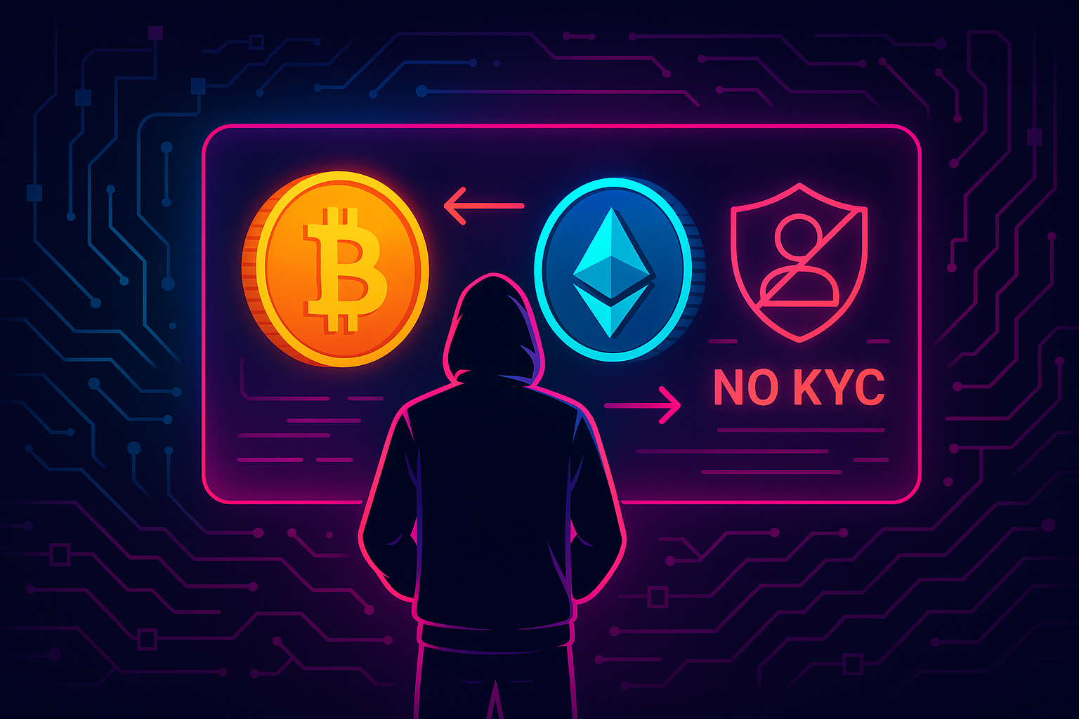 Futuristic crypto trader using no-KYC swap interface with Bitcoin and Ethereum-style coins
