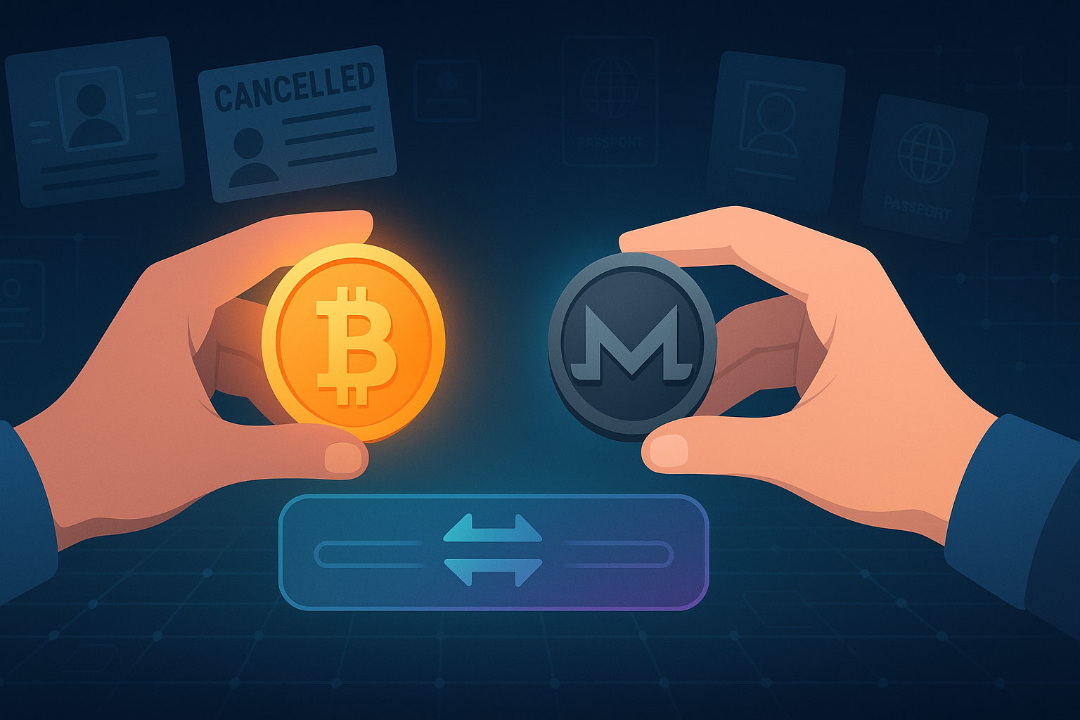 Hands swapping Bitcoin and Monero-style coins on a no-KYC crypto interface