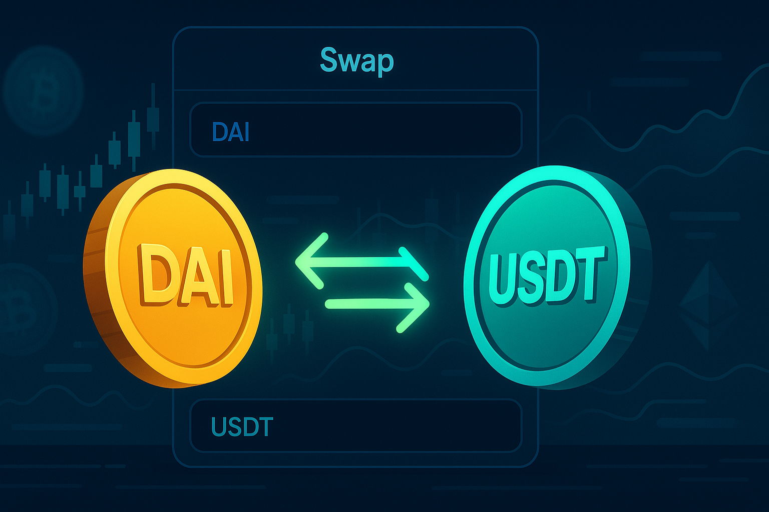 Futuristic crypto dashboard showing DAI to USDT swap with charts