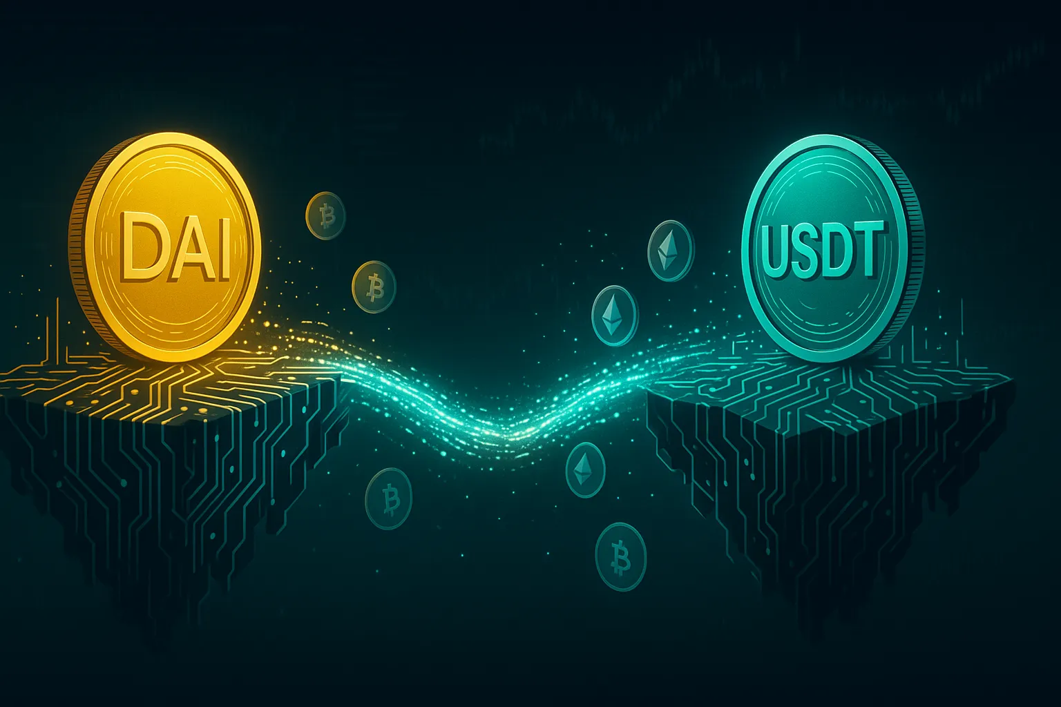 Pont numérique cinématographique visualisant un échange privé de jetons crypto DAI contre USDT